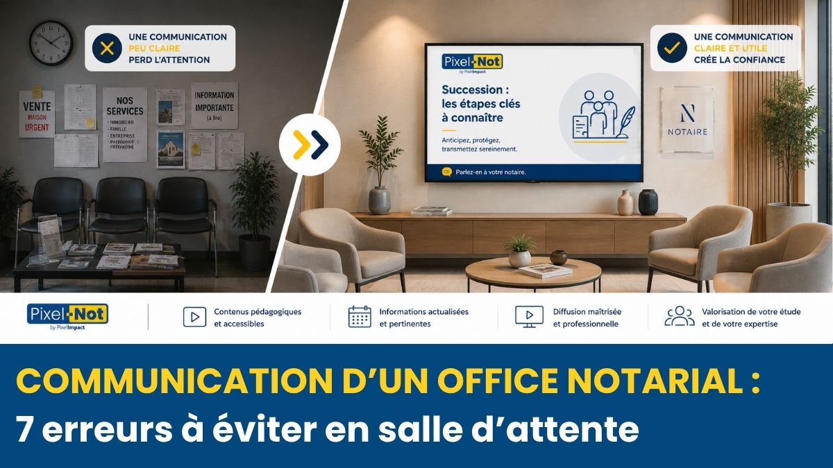 Comparaison entre une salle d’attente notariale peu lisible et une salle d’attente moderne équipée d’un écran Pixel-Not.