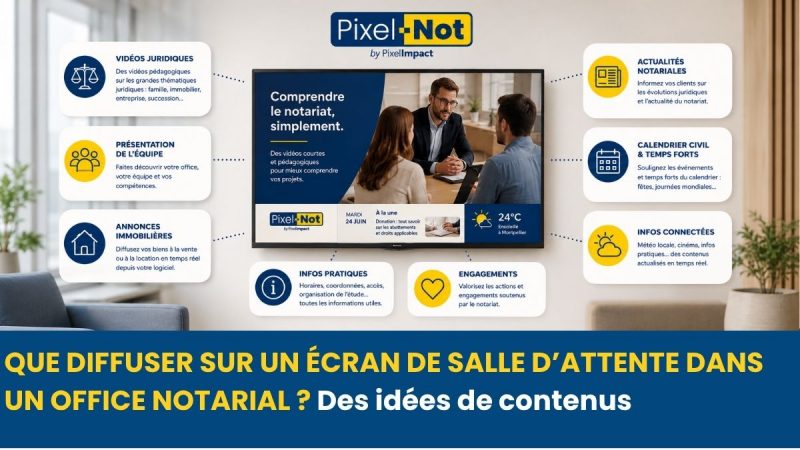 Écran Pixel-Not en salle d’attente d’un office notarial diffusant vidéos juridiques, actualités, immobilier, météo et informations pratiques.