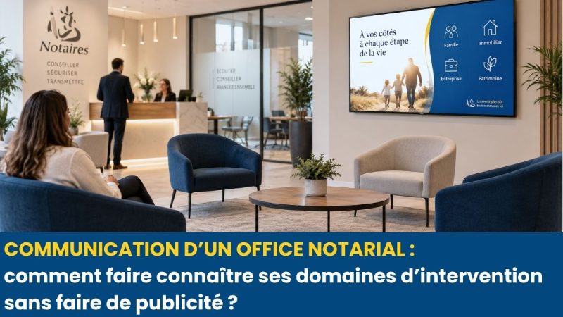Écran Pixel-Not dans un office notarial diffusant un contenu pédagogique juridique à destination des clients