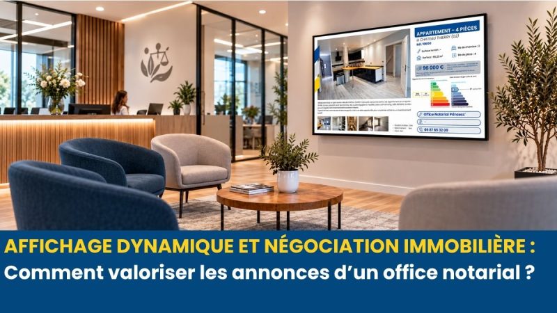 Écran Pixel-Not diffusant une annonce immobilière dans la salle d’attente d’un office notarial