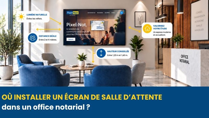 Salle d’attente d’un office notarial avec écran Pixel-Not positionné face aux fauteuils et repères de visibilité.