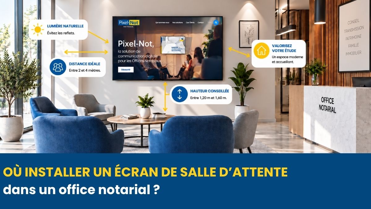 Salle d’attente d’un office notarial avec écran Pixel-Not positionné face aux fauteuils et repères de visibilité.