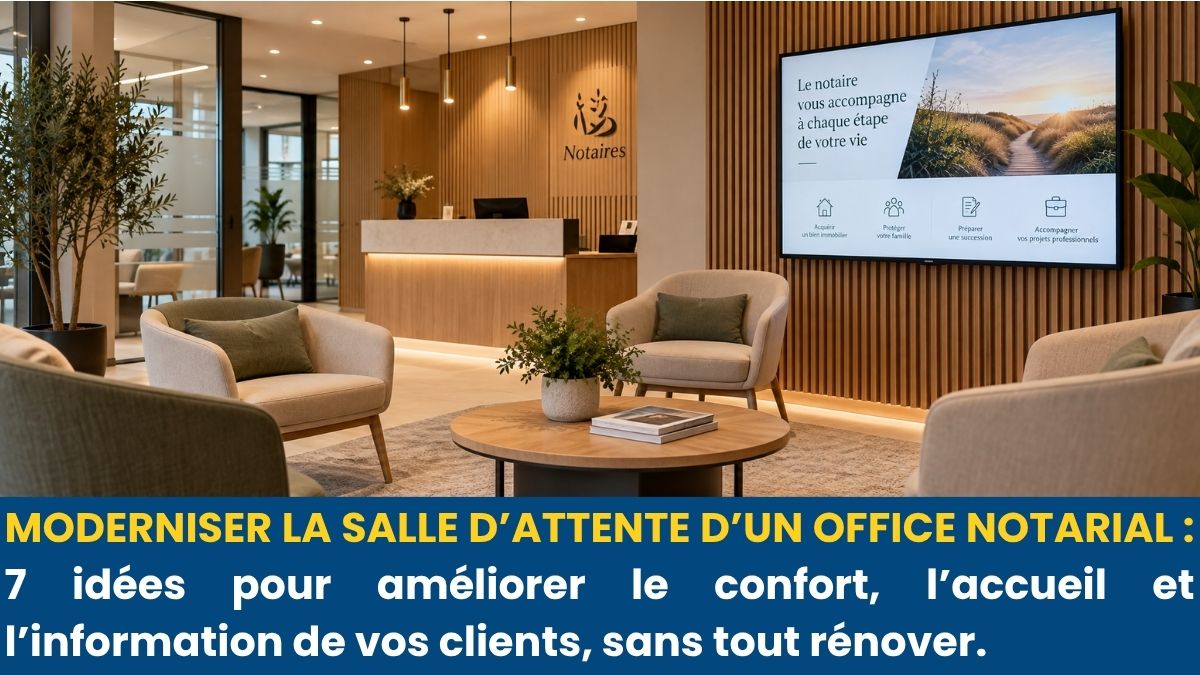 Salle d’attente moderne d’un office notarial avec fauteuils confortables, décoration végétale et écran d’affichage dynamique diffusant des informations notariales.