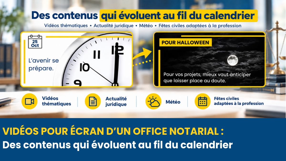 Vidéos Pixel-Not sur le changement d’heure et Halloween, illustrant le renouvellement automatique des contenus diffusés sur les écrans des offices notariaux.